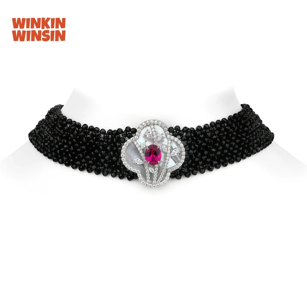 WINKIN WINSIN Brand MST High Quality Collar Choker Necklace 925 Sterling Silver Black Pointed Crystal Multi Layer Necklace