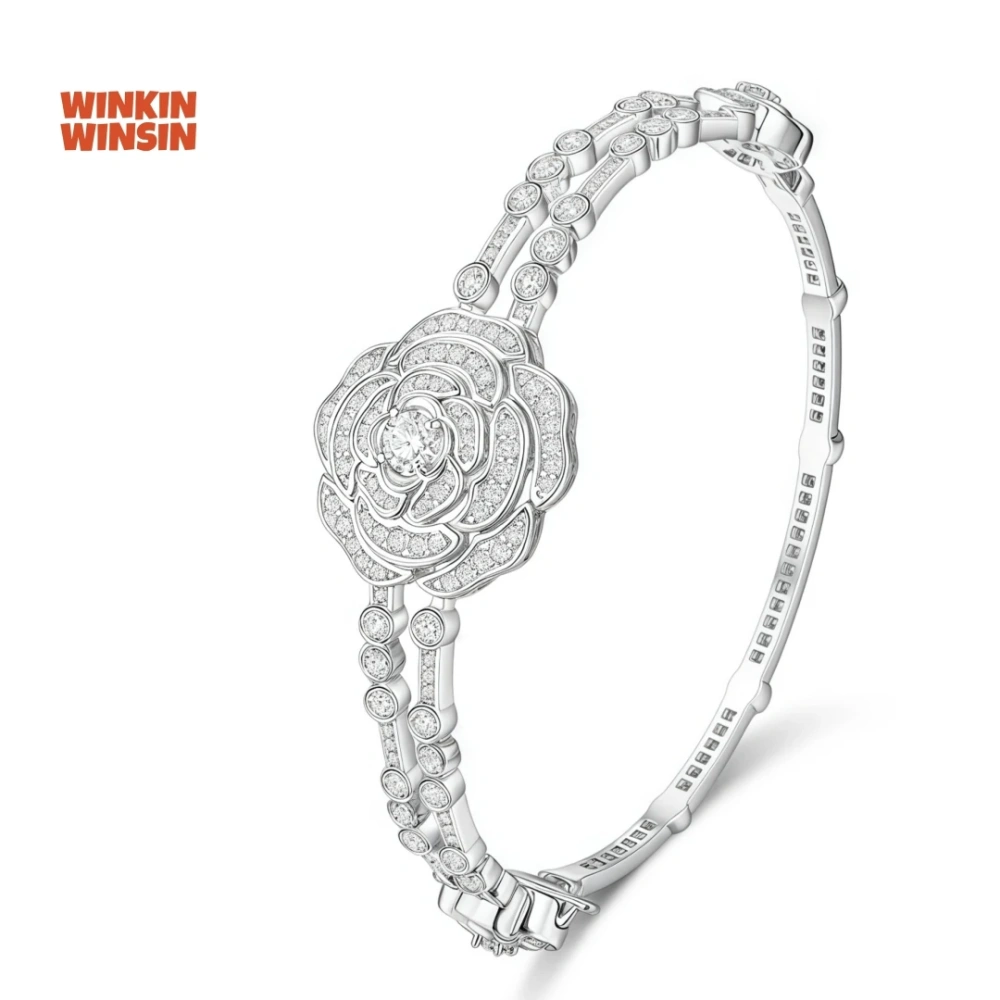 WINKIN WINSIN Brand MST 925 Sterling Silver Bracelet High Carbon Diamond Camellia Party Bangle Bracelet Jewelry