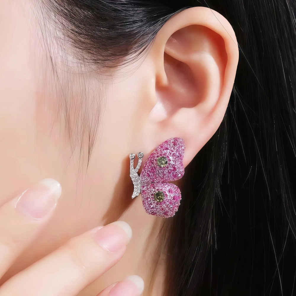WINKIN WINSIN Luxury 925 Sterling Silver Stud Earrings For Women High Carbon Diamond Pink Blue Butterfly Earrings Stud Jewelry