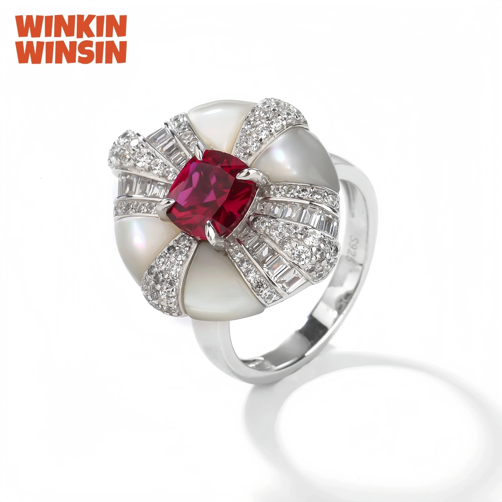 WINKIN WINSIN Brand MST 925 Sterling Silver Round Shell Emerald Ruby Rings Lab Grown High Carbon Diamond Ring Fine Jewelry