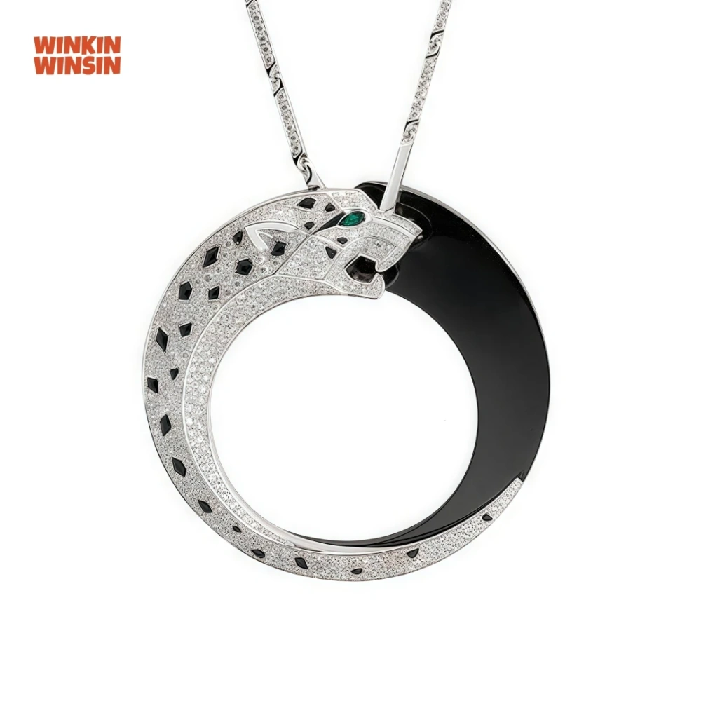 WINKIN WINSIN Brand Carbon Diamond Double Sided Leopard Black Enamel Women Pendant 925 Sterling Silver Necklace Pendants Jewelry