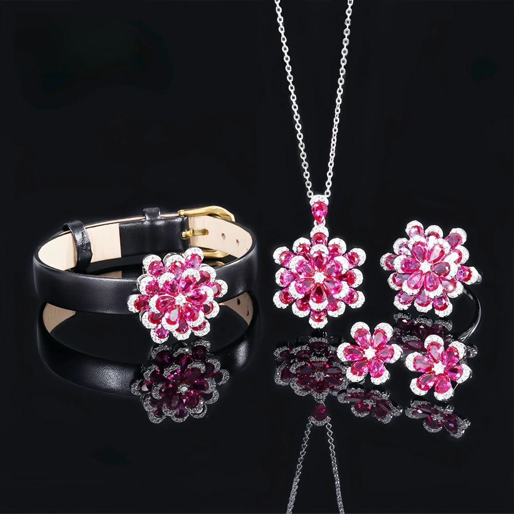 WINKIN WINSIN Brand Real 925 Sterling Silver Jewelry Set Red Gemstones Pendant Necklace Rings Bangle Bracelets Stud Earrings