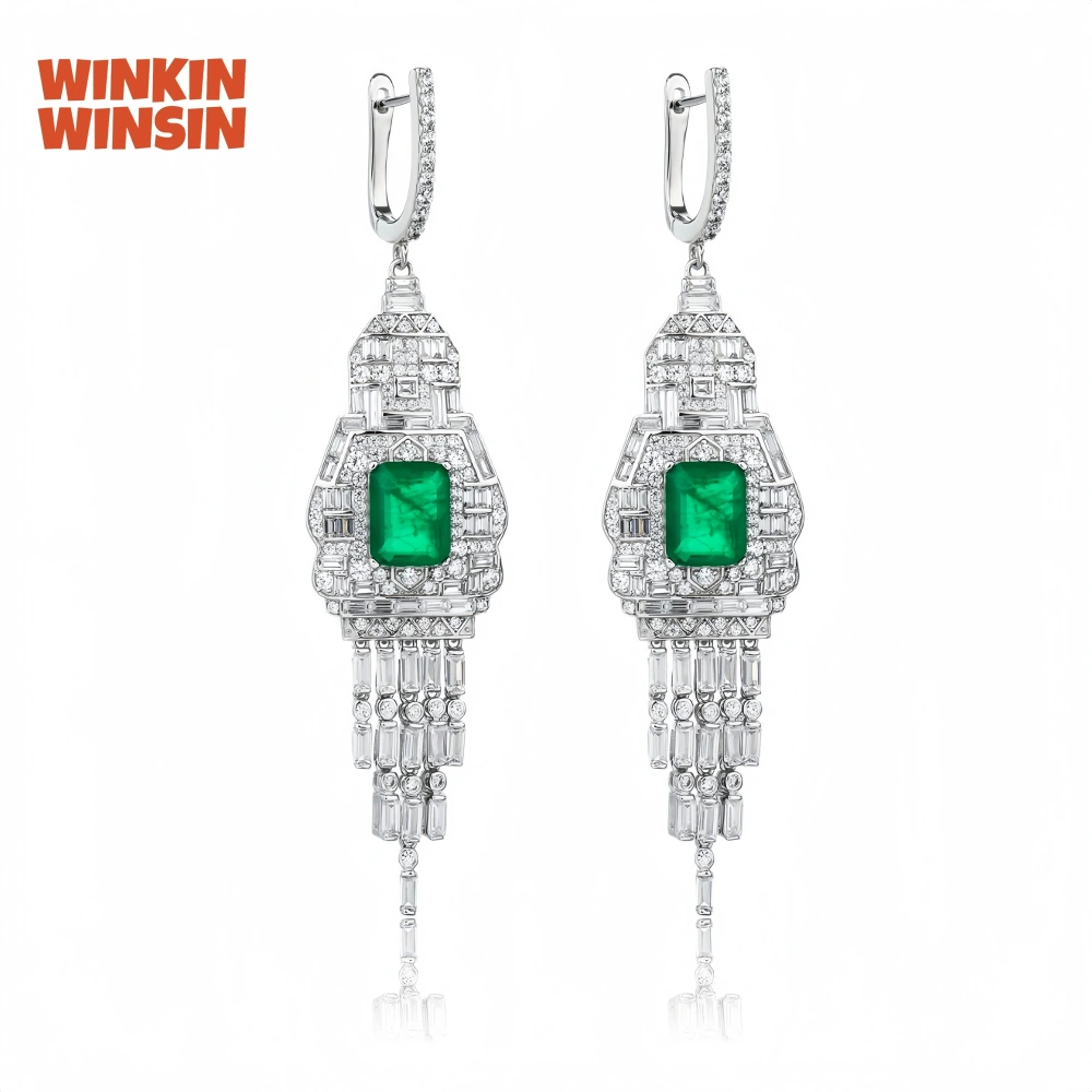 Winkin Winsin Brand MST 925 Sterling Silver Tassel Stud Drop Earrings For Women Emerald Gemstones Pendant Earrings Jewelry