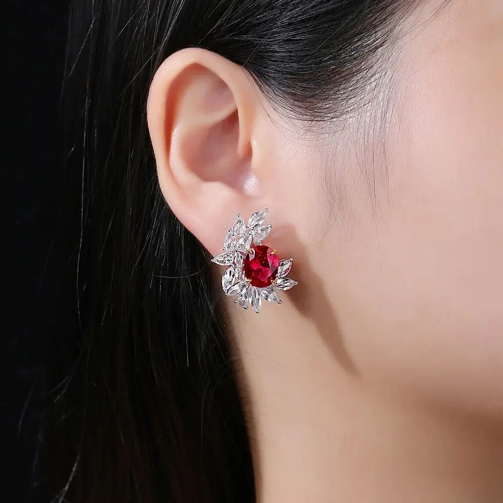 WINKIN WINSIN Brand MST 925 Sterling Silver Flower Earrings High Quality Lab Grown Gemstones Ruby Stud Earrings Jewelry