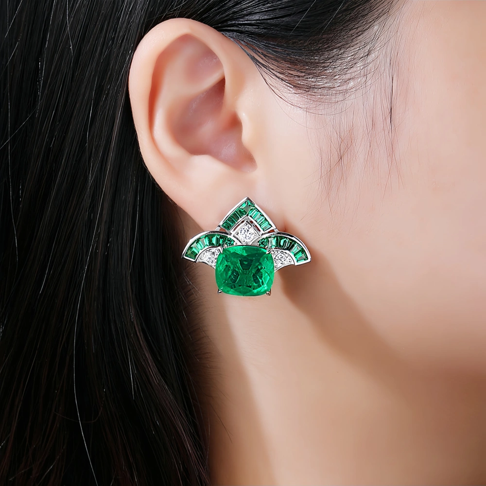 WINKIN WINSIN Brand MST Sterling Silver Fan Shaped Emerald Earring Lab Grown Gemstones High Carbon Diamond Stud Earrings Jewelry