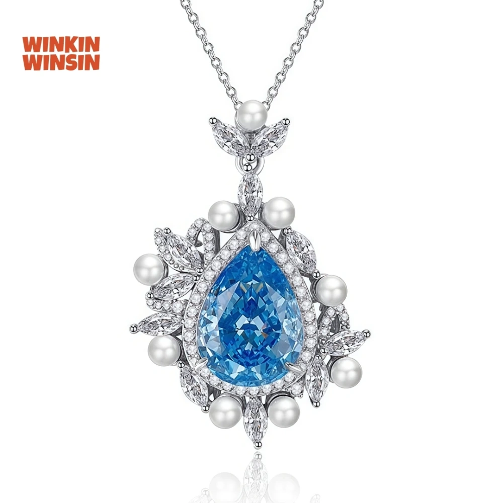 WINKIN WINSIN Brand MST 14.5ct Artificial Sapphire Lab Grown High Carbon Diamond Water Droplet Pendants Necklaces Jewelry