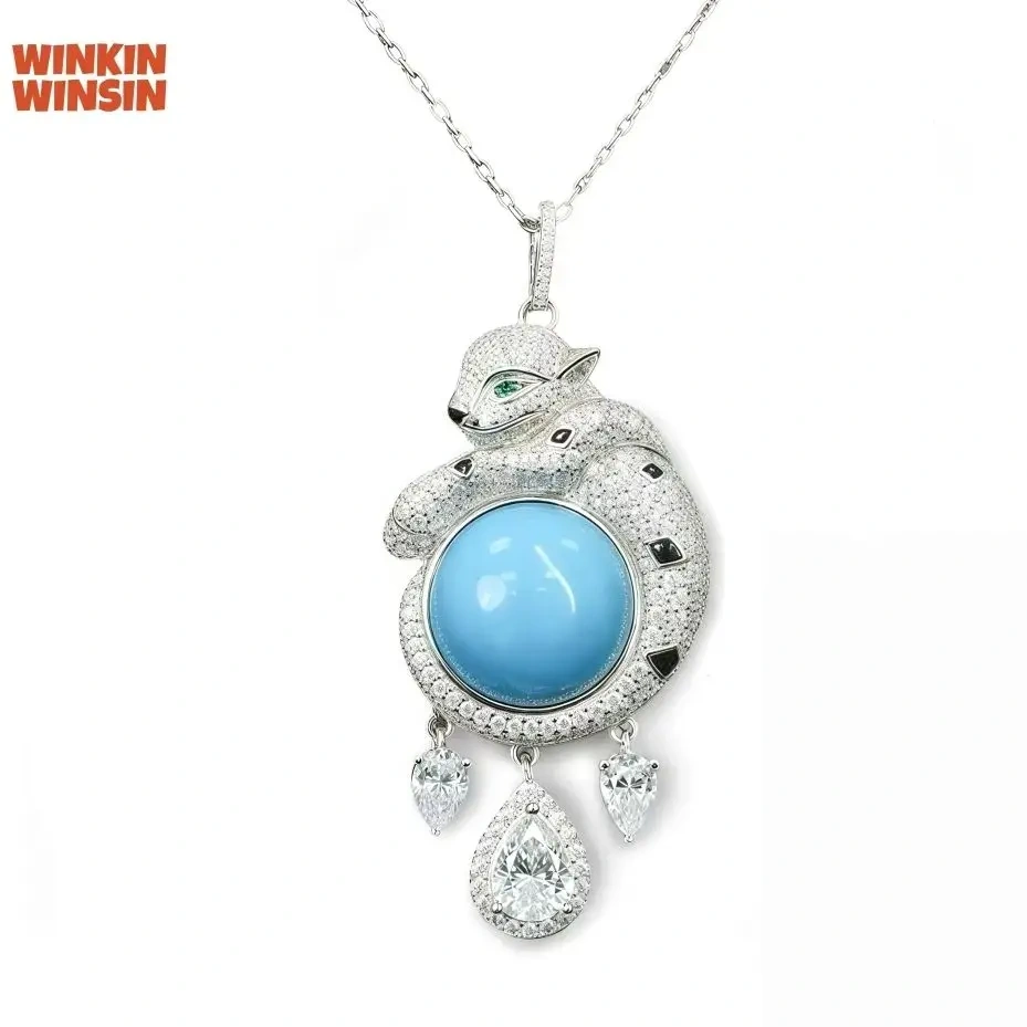 WinkinWinsin Brand 925 Sterling Silver Necklace Pendants Blue Turquoise Gemstones Cheetah Leopard Pendant Necklace Jewelry Women