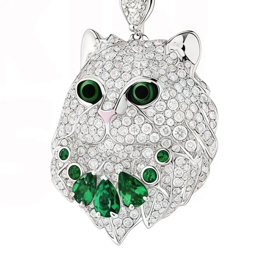 WinkinWinsin Luxury Brand Drop Earrings S925 925 Sterling Silver Animal Face Cat Stud Earrings For Women Green Gemstones Jewelry