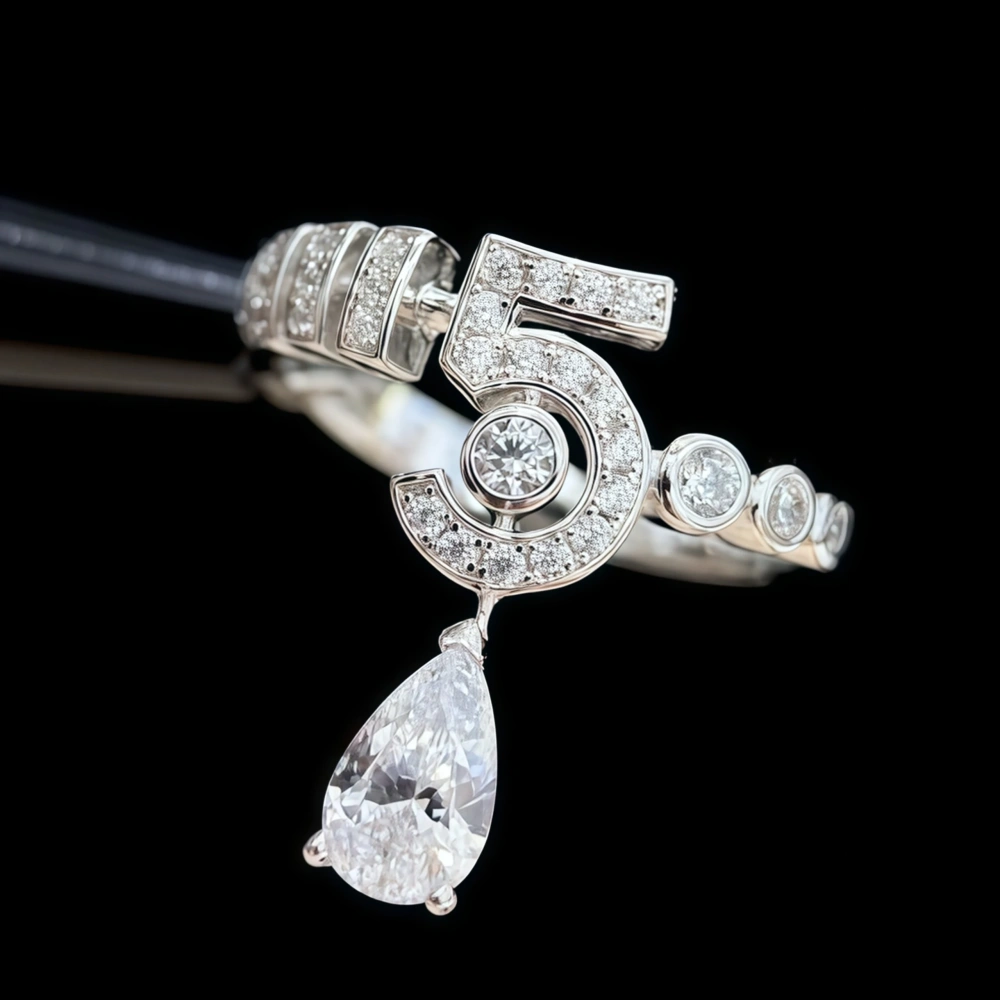 Winkin Winsin Fashion 5-character Water Drop Full Diamond Single Women 925 Sterling Silver Diamond Smooth Digital Ring Jewelry