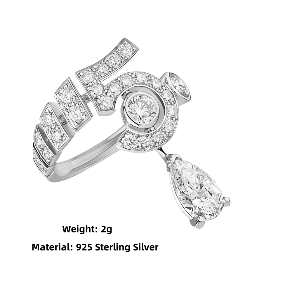 Winkin Winsin Fashion 5-character Water Drop Full Diamond Single Women 925 Sterling Silver Diamond Smooth Digital Ring Jewelry