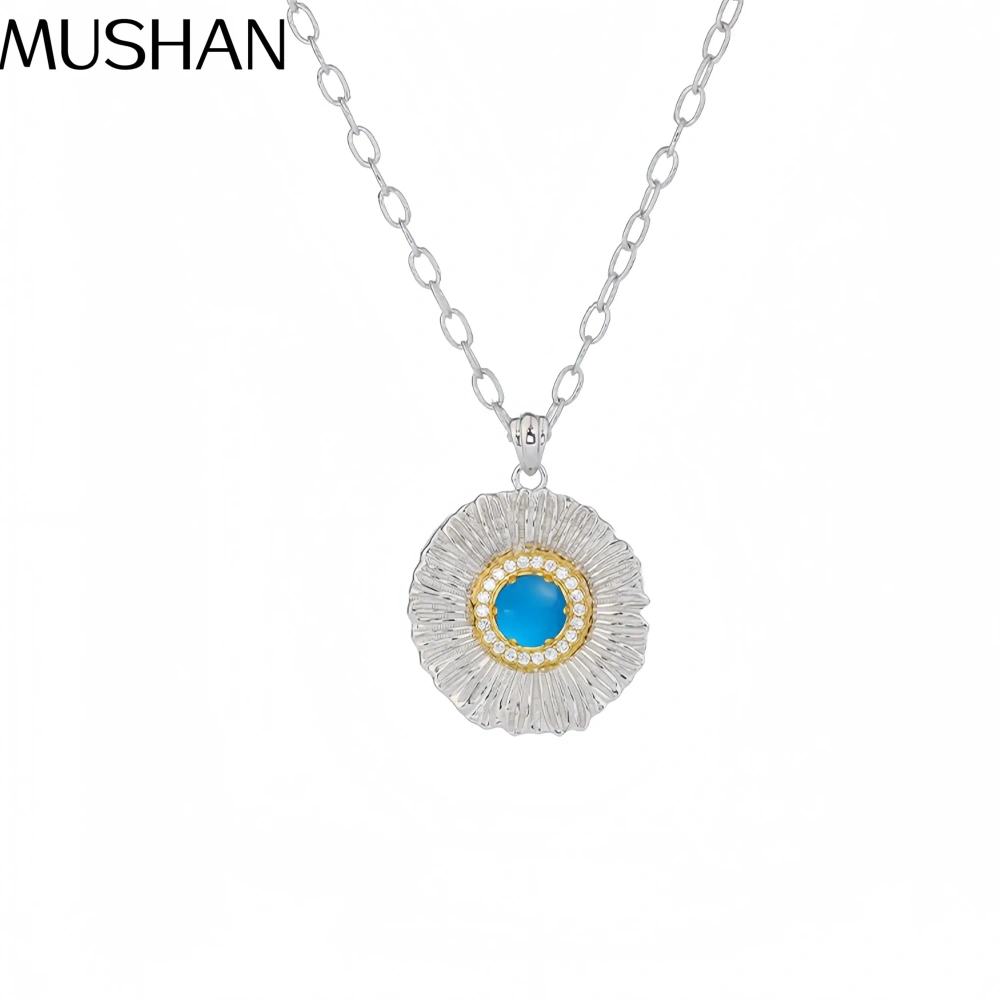 MuShan Luxury Brand 925 Sterling Silver Daisy Necklace Pendant Brushed Gold Flower Agate Gemstones Pendant Necklaces Jewelry