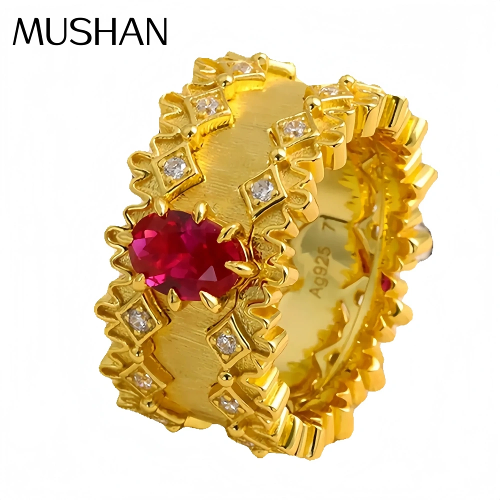MuShan Luxury Brand Italian Brushed Gold Zircon Ring For Women 18K Gold Plated 925 Sterling Silver Rings Fine Jewelry