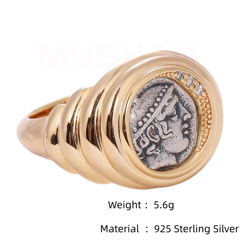 Mushan Luxury Brand Greek Merchant God Hermes Ancient Coin Ring 18K Gold Plated 925 Sterling Silver Rings Fine Jewelry