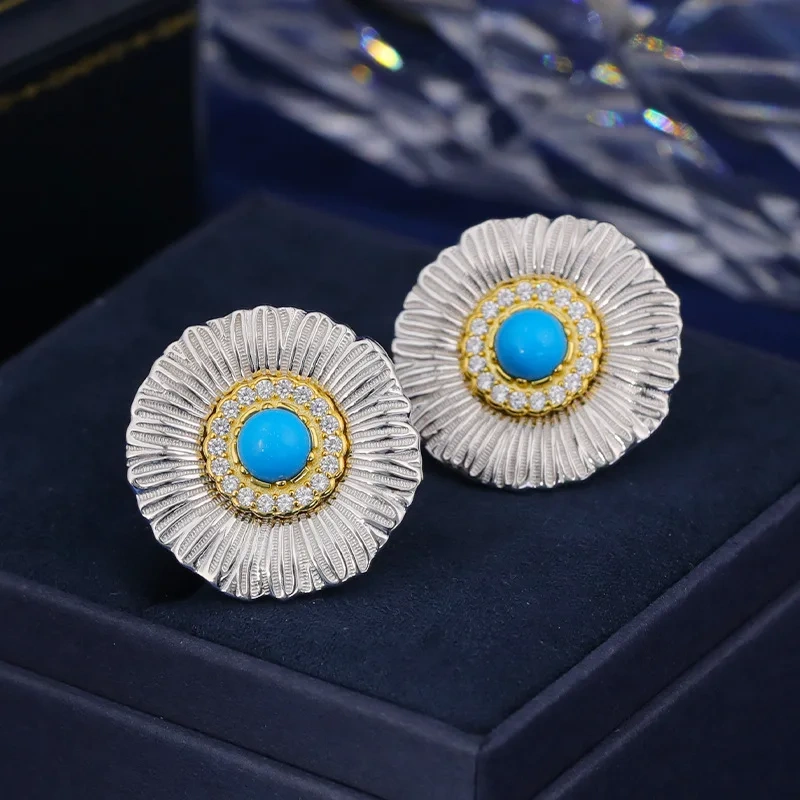 Mushan Luxury Brand Daisy Blue Agate Zircon Earrings 925 Sterling Silver Stud Earrings Fashion Jewelry Accessories