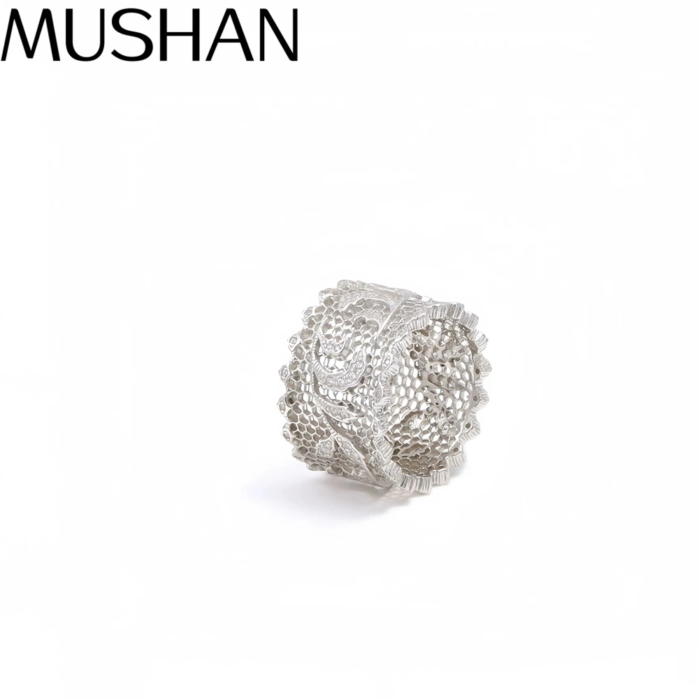 Mushan Luxury Brand Pure Silver Italian High End Gold Honeycomb Engraving Iris Flower Ring  Retro Lace Brushed Ring