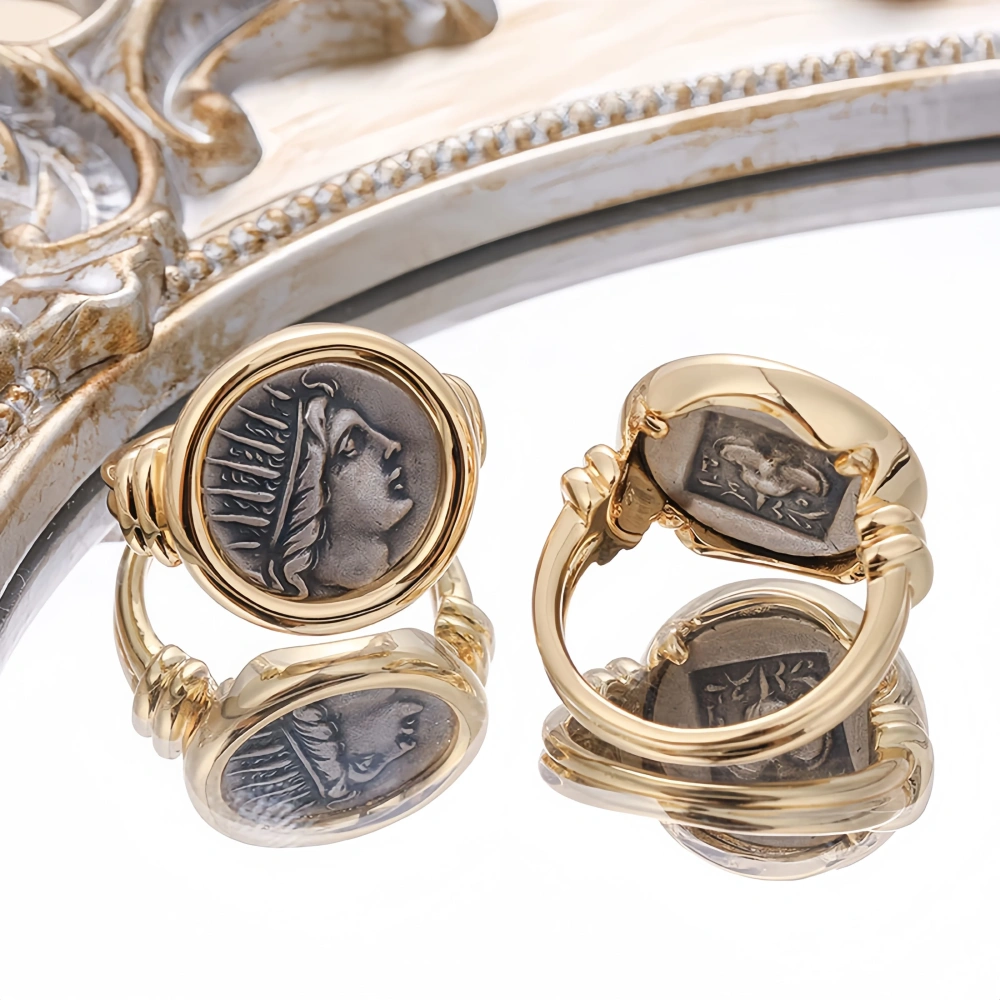 Mushan Luxury Brand Sun God Apollo Ancient Coin Ring For Women 18K Gold Plated 925 Sterling Silver Party Rings Jewelry