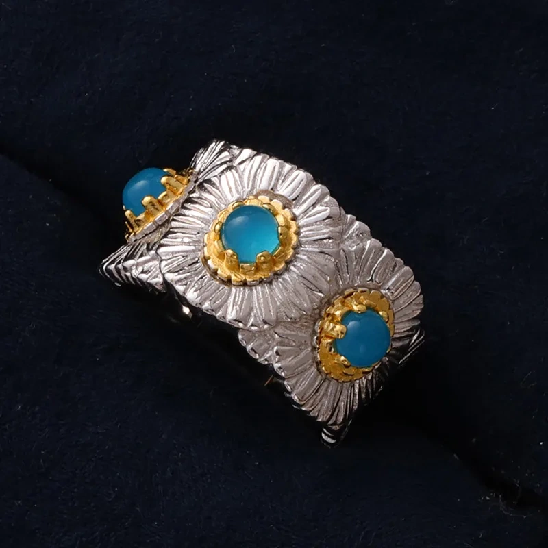 Mushan Luxury Brand The Italian Pure Silver Blue Agate Daisy Ring Was A Bestseller On Xiaohongshu During A Live Stream