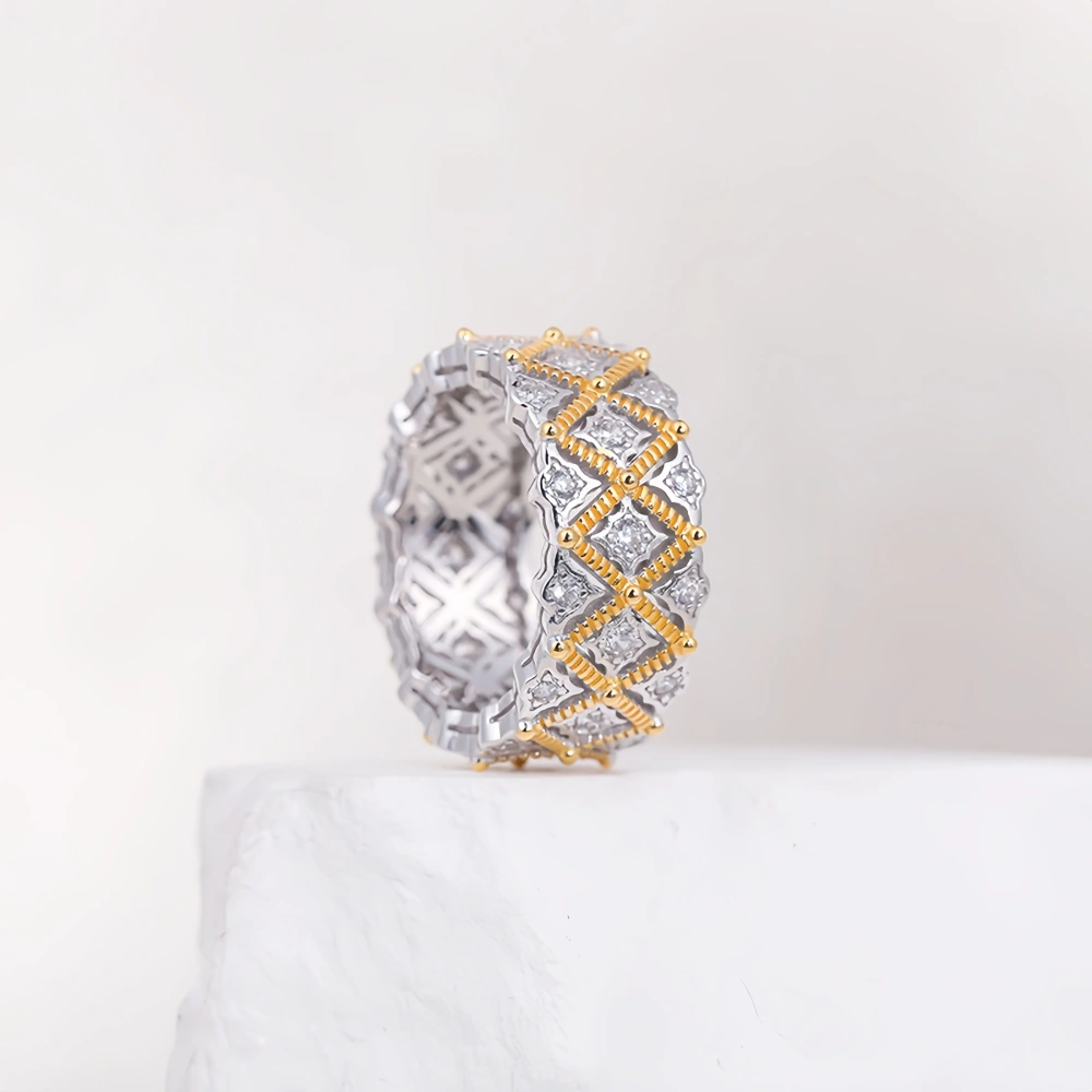 Mushan Luxury Brand New Full Diamond Lace Ring From Boucher With  Hollowed-Out Style S925 Sterling Silver Gold Plating