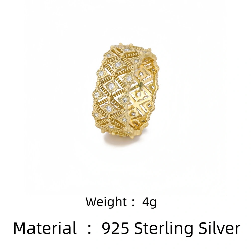 Mushan Luxury Brand Sterling Silver Lace Ring For Women  S925 Sterling  Silver Hollowed-Out Full Diamond 18k Gold Plated Ring