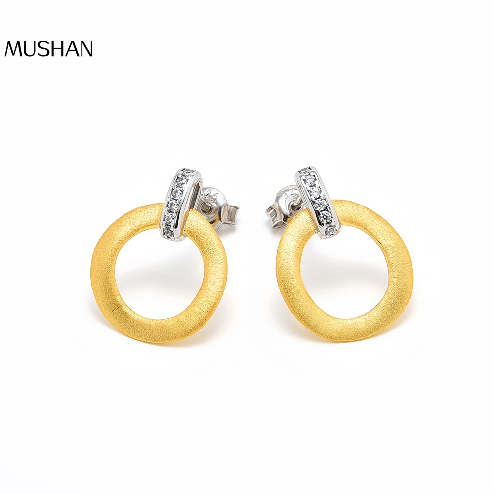 MuShan Luxury Brand Round Brushed 18K Gold-Plated Hollow Ear Clip Studs 925 Sterling Silver Stud Earrings Fine Jewelry