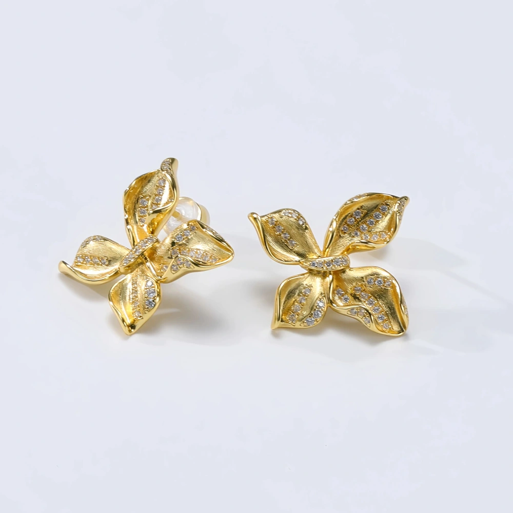 MuShan Luxury Brand Italian Brushed Gold Butterfly Stud Earrings 18K Gold Plated 925 Sterling Silver Zircon Earrings Jewelry