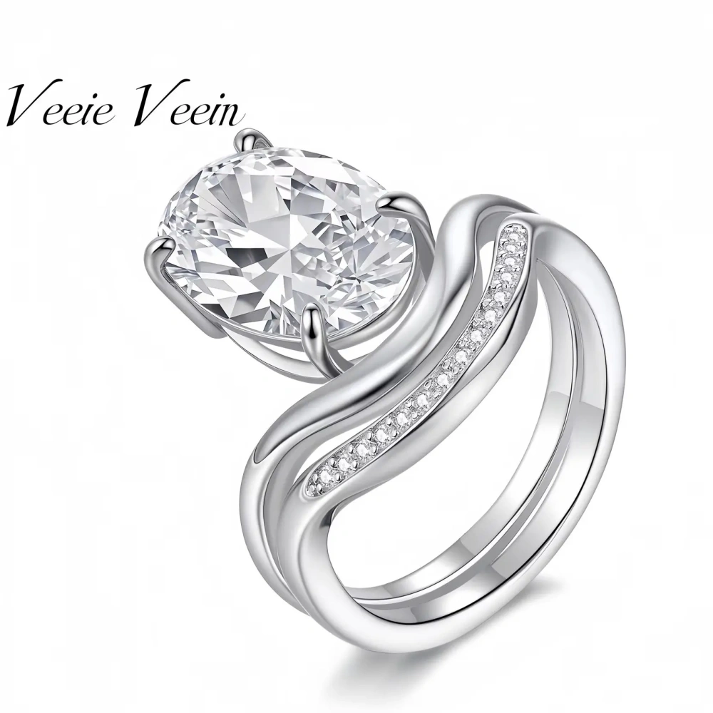 Veeie Veein Luxury Brand S925 Sterling Silver Ring GRA Certificate Light Luxury Oval Pigeon Egg Layering Set Ring Jewelry