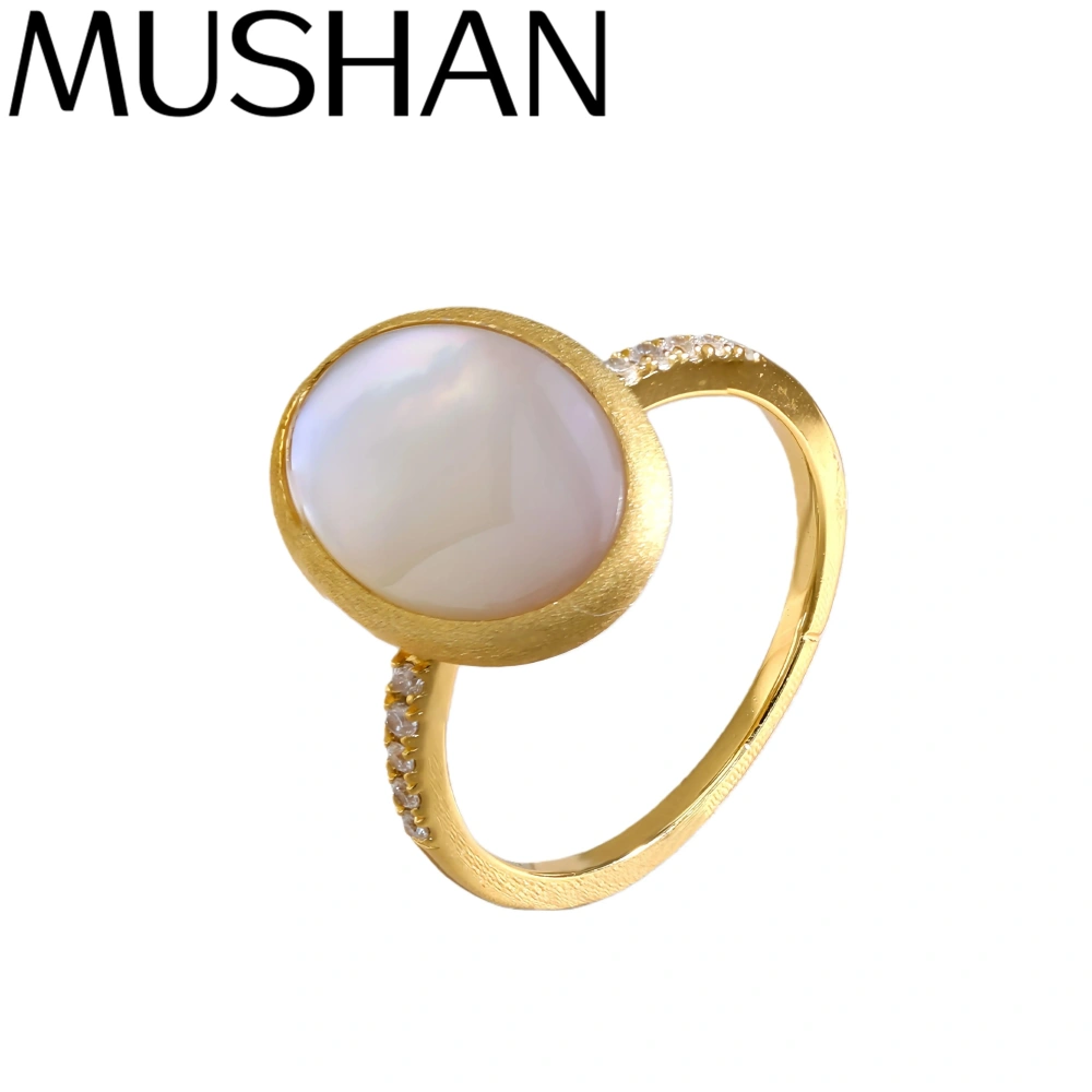 Mushan Luxury Brand 18K Gold-Plated 925 Sterling Silver Ring Oval Shell Pearl Ring For Women's Luxury Jew