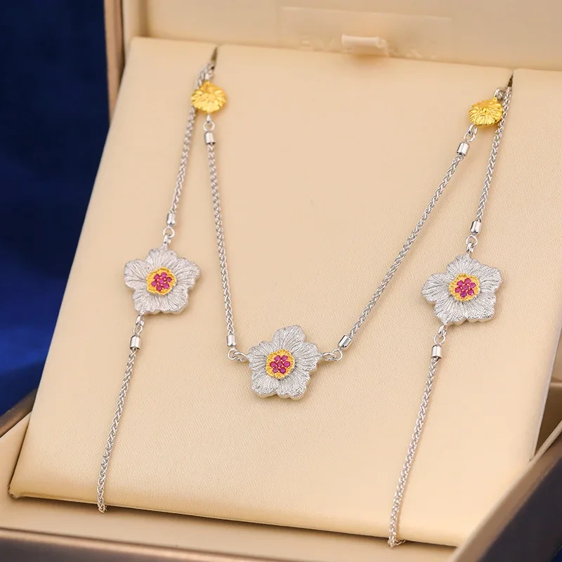 Mushan Luxury Brand Cross Border Best Selling Gardenia Flower Sweater Chain WomenS Pure Silver Gold Plated Necklace