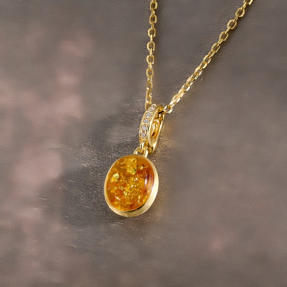 MuShan Luxury Brand Amber Stone Zircon Gemstones Pendant Necklace 18K Gold Plated 925 Sterling Silver Necklaces Jewelry