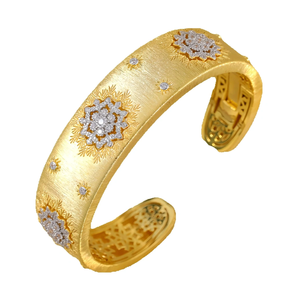 MuShan Luxury Brand 18K Gold Plated Brushed Gold Zircon Bangle 925 Sterling Silver Opening Bracelets Party Jewelry