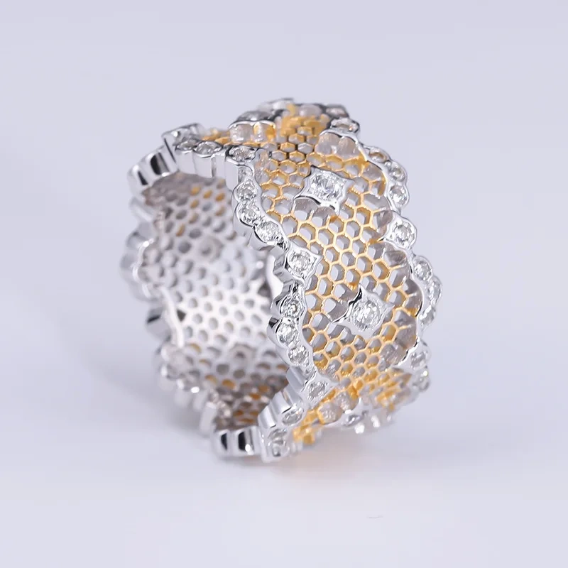 Mushan Luxury Brand Heavy Industry Color Separated Lace Ring Women New Retro Pure Silver 925 Plated With Real Gold Jewelry
