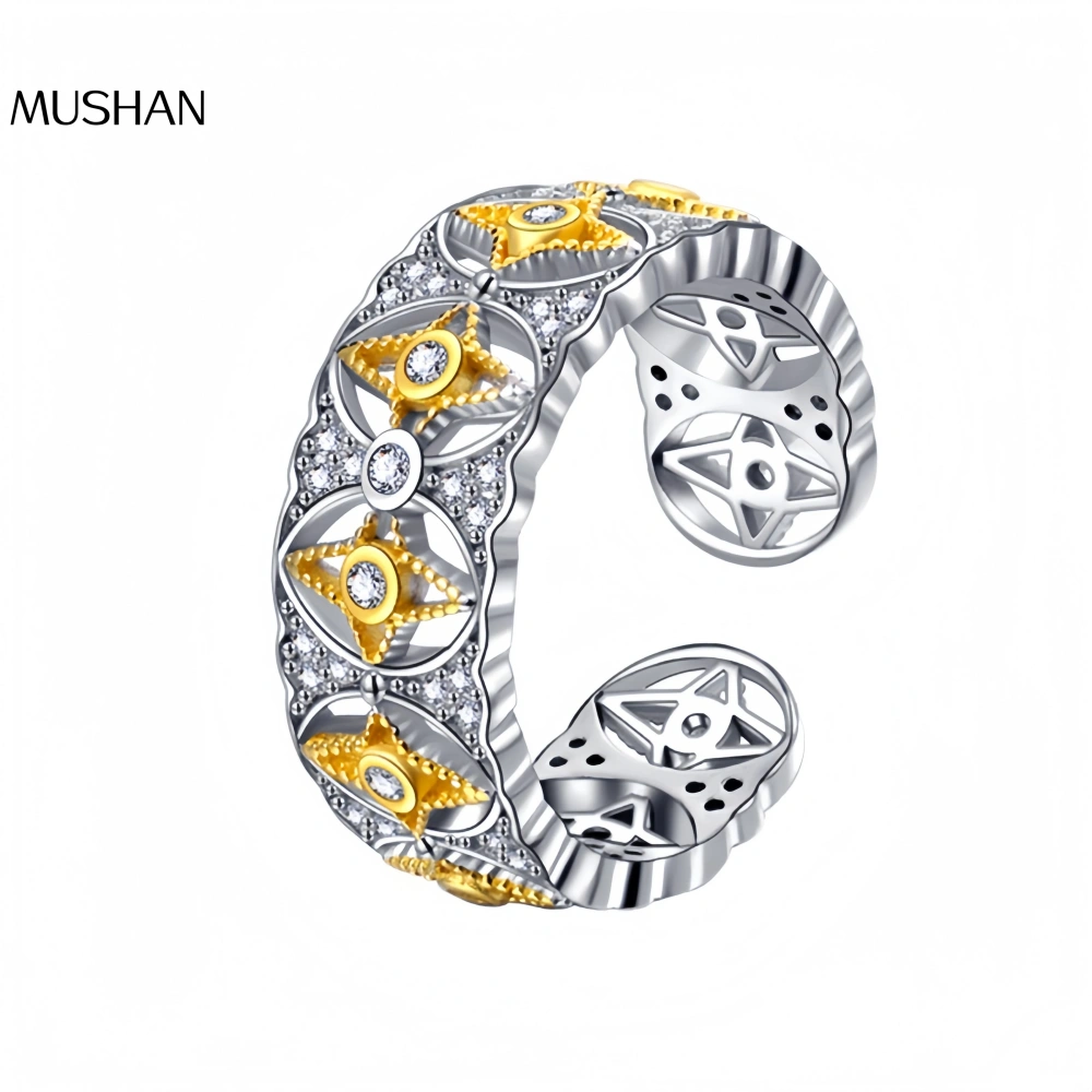 MuShan Luxury Brand Four-Pointed Star S925 925 Sterling Silver Ring 18K Gold Plated Hollow Zircon Ring Fine Jewelry