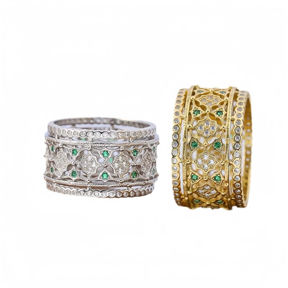 Mushan Luxury Brand Wide Hollowed-Out Diamond-Encrusted Retro And Fashionable Pure Silver Lace Ring Silver Ring Jewelry