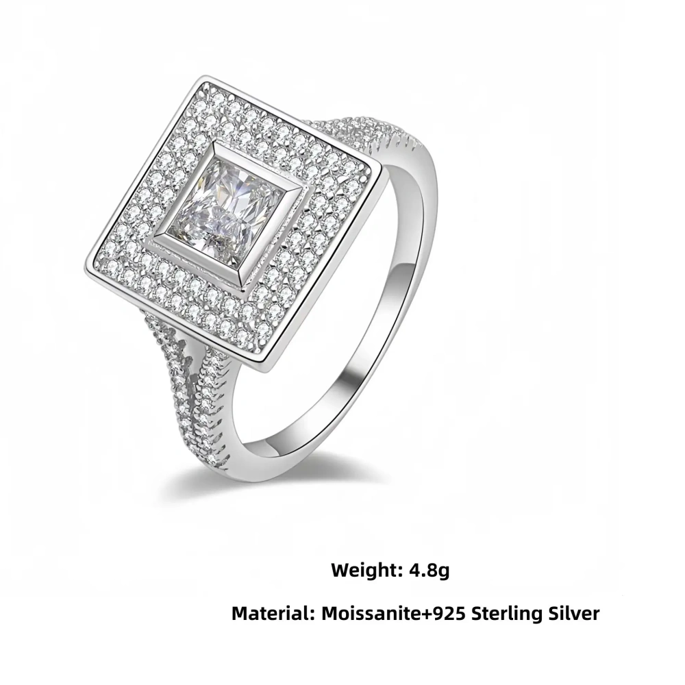 Veeie Veein Luxury Brand High Quality S925 Sterling Silver Ring Inlaid Moissanite Square GRA Certificate Women Ring Jewelry
