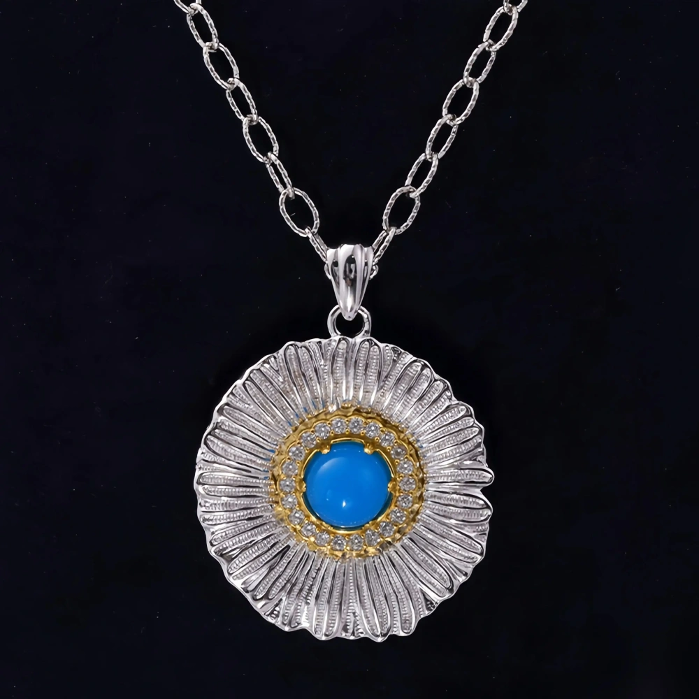 MuShan Luxury Brand 925 Sterling Silver Daisy Necklace Pendant Brushed Gold Flower Agate Gemstones Pendant Necklaces Jewelry