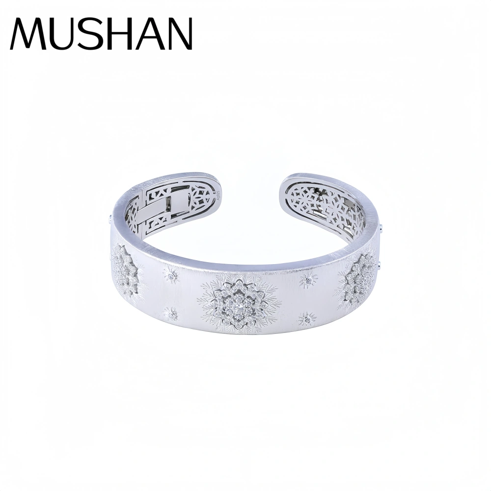 MuShan Luxury Brand 18K Gold Plated Brushed Gold Zircon Bangle 925 Sterling Silver Opening Bracelets Party Jewelry