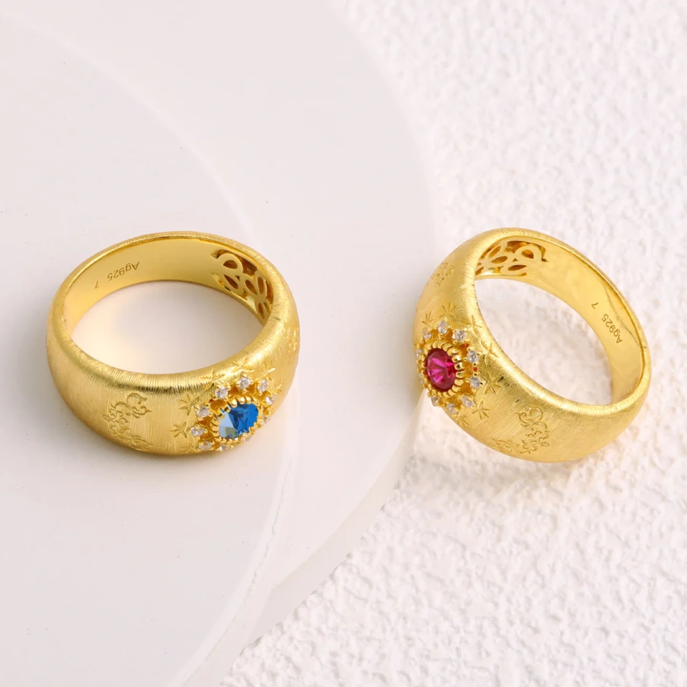 Mushan Luxury Brand Drawing Process Gemstone Ring Starry Flower 18K Gold Plated 925 Sterling Silver Rings Fine Jewelry