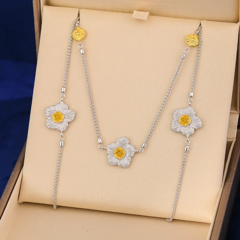 Mushan Luxury Brand Cross Border Best Selling Gardenia Flower Sweater Chain WomenS Pure Silver Gold Plated Necklace