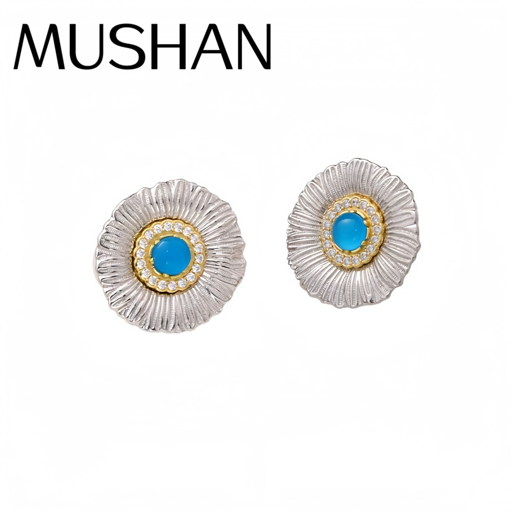 Mushan Luxury Brand Daisy Blue Agate Zircon Earrings 925 Sterling Silver Stud Earrings Fashion Jewelry Accessories