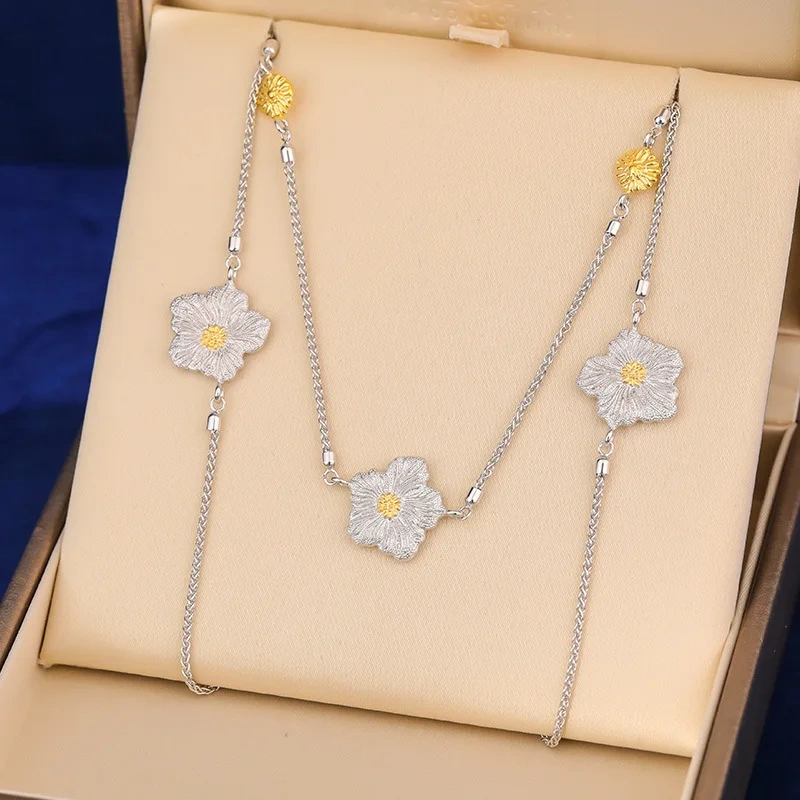 Mushan Luxury Brand Cross Border Best Selling Gardenia Flower Sweater Chain WomenS Pure Silver Gold Plated Necklace