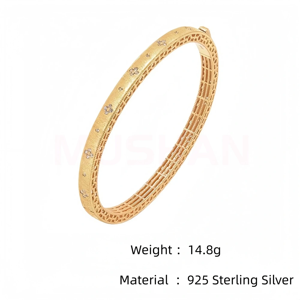 Mushan Luxury Brand Four Leaf Clover Ltalian Brushed Gold Craft Bangle 18K Gold Plated 925 Sterling Silver Bangles Fine Jewelry