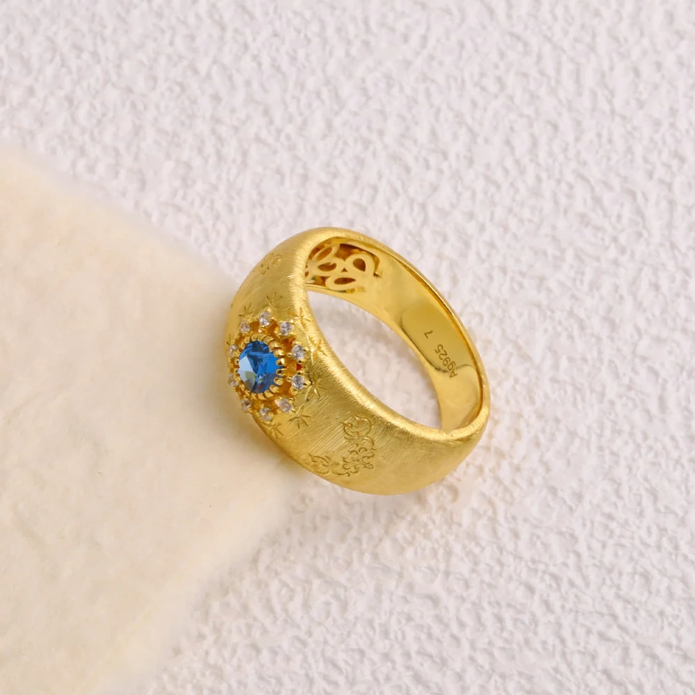 Mushan Luxury Brand Drawing Process Gemstone Ring Starry Flower 18K Gold Plated 925 Sterling Silver Rings Fine Jewelry
