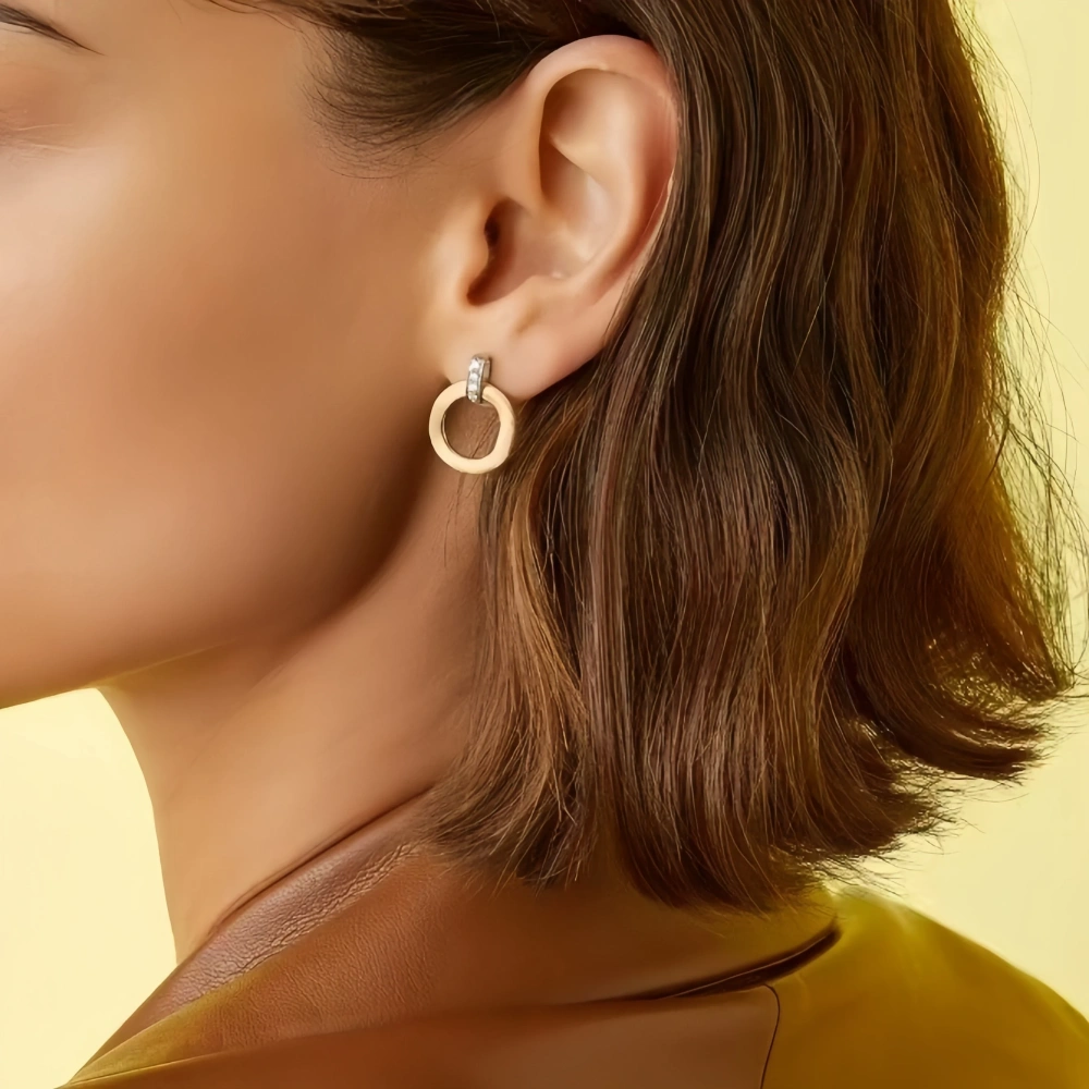 MuShan Luxury Brand Round Brushed 18K Gold-Plated Hollow Ear Clip Studs 925 Sterling Silver Stud Earrings Fine Jewelry