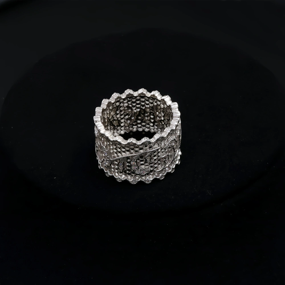 Mushan Luxury Brand Pure Silver Italian High End Gold Honeycomb Engraving Iris Flower Ring  Retro Lace Brushed Ring