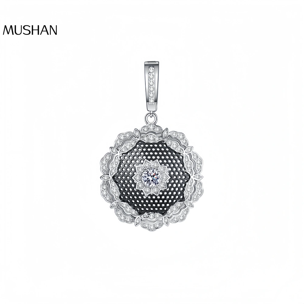 Mushan Luxury Brand S925 Sterling Silver Retro Lace Honeycomb-Shaped Sparkling Diamond Pendant, Italian High-End Pendant