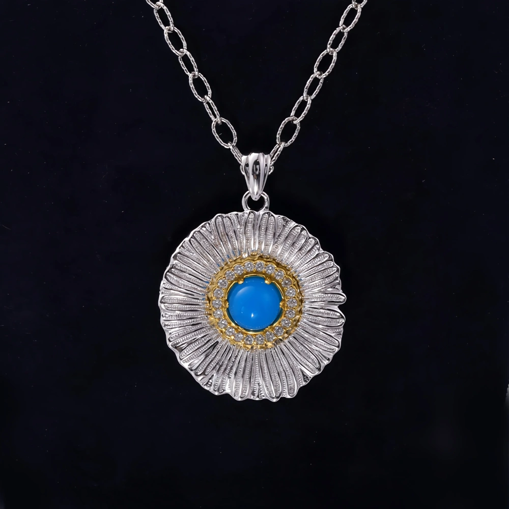 MuShan Luxury Brand 925 Sterling Silver Daisy Necklace Pendant Brushed Gold Flower Agate Gemstones Pendant Necklaces Jewelry