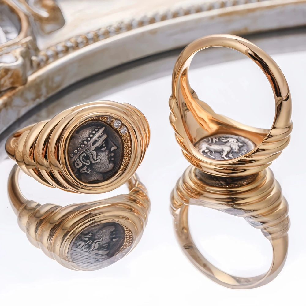 Mushan Luxury Brand Greek Merchant God Hermes Ancient Coin Ring 18K Gold Plated 925 Sterling Silver Rings Fine Jewelry