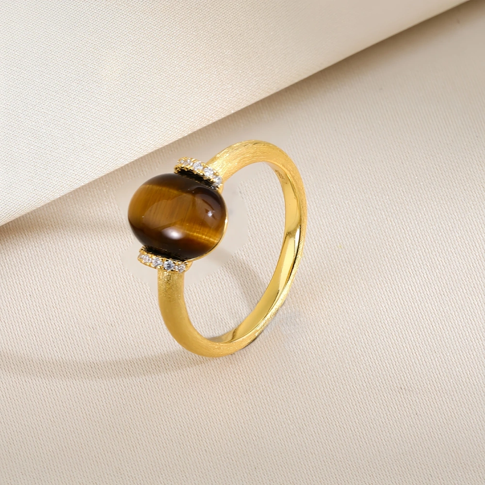 Mushan Luxury Brand 18K Gold Plated Brushed Gold Gemstones Ring Cat Eye Stone Zircon 925 Sterling Silver Rings Fine Jewelry