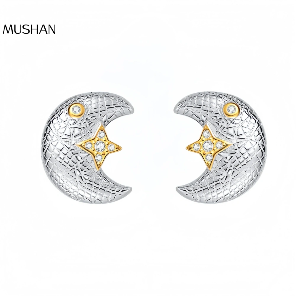 Mushan Luxury Brand Pure Silver S925 Italian Brushed Light Luxury Star And Moon Stud Gold And Silver Earrings And Earrings