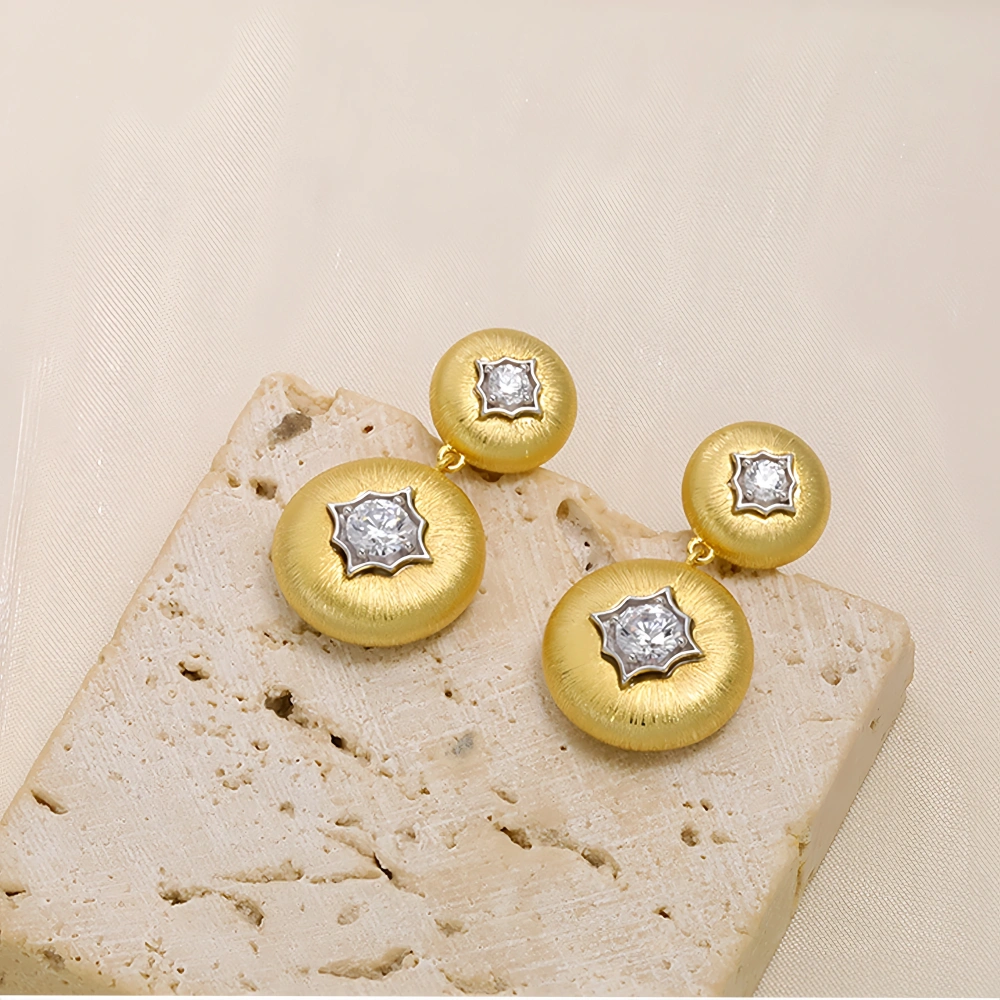 MuShan Luxury Brand Vintage Italian Brushed Gold Round Bead Earrings 18K Gold Plated 925 Sterling Silver Drop Earrings Jewelry
